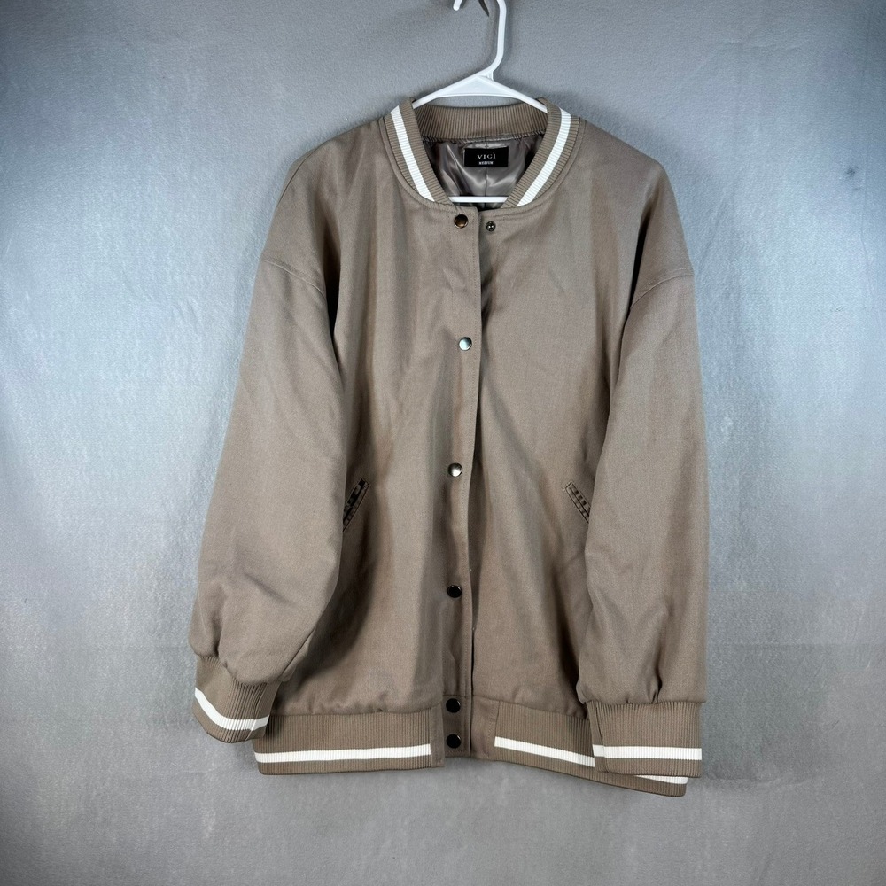 VICI Womens Taupe Brown Varsity Bomber Jacket Striped Rib Trim Medium OI6079VC